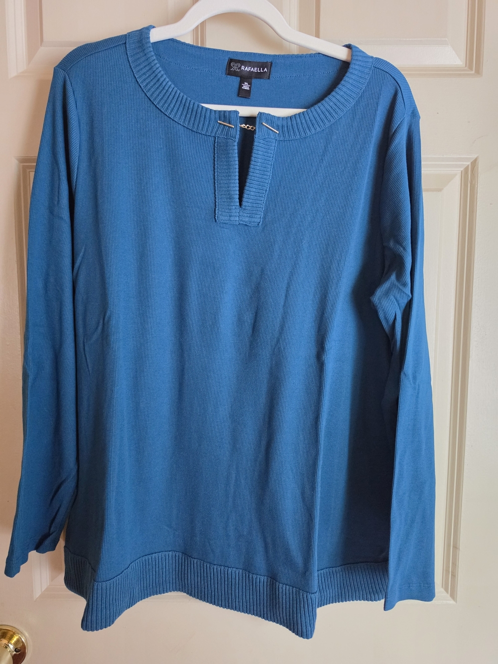 Rafaella Teal Scoop-Slit Ribbed Pullover